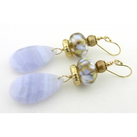 Whispers of Blue Earrings Handmade earrings with light blue lace agate beige lampwork pearls gold fill