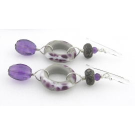 Handmade earrings purple white grey lampwork amethyst dinosaur bone sterling