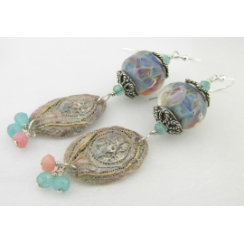 Handmade blue and pink earrings with lampwork glass angelite pink opal sterling