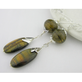 Brown Shimmer and Sparkle Earrings Artisan made brown hollow lampwork earrings golden tiger eye sterling