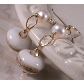 Handmade earrings with artisan lampwork freshwater pearls and gold fill