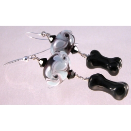 Blue and Black Bone Earrings Handmade blue, black, white earrings with lampwork, glass bone, sterling