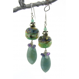 Handmade aqua purple earrings lampwork aquamarine amethyst iolite sterling