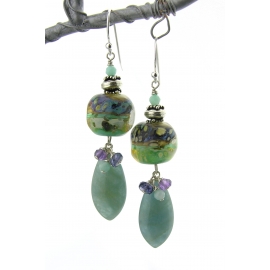 Swirling Jewels Earrings Handmade aqua purple earrings lampwork aquamarine amethyst iolite sterling