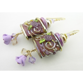Handmade earrings with purple roses, gold lampwork, polymer rose and gold fill
