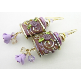 Gilded Purple Roses Earrings Handmade earrings with purple roses, gold lampwork, polymer rose and gold fill