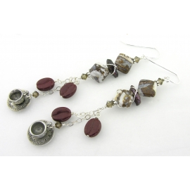 Artisan made brown white agate coffee earrings pearls bean cup crystal sterling