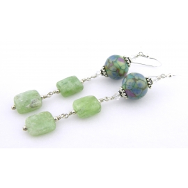 Thinking of Spring Earrings Handmade light green blue purple earrings with green kyanite, lampwork, sterling