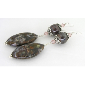 Artisan made brown jasper boulder opal earrings Swarovski crystals sterling