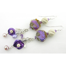 Handmade earrings with purple shell lampwork, seahorse charm, pearl and sterling