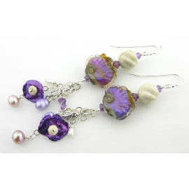 Seahorses Garden Earrings Handmade earrings with purple shell lampwork, seahorse charm, pearl and sterling