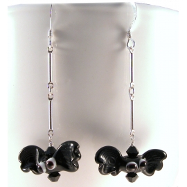 Handmade artisan halloween earrings with black bats and sterling silver