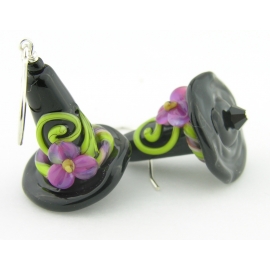 Handmade artisan halloween earrings with black purple witch hats sterling silver
