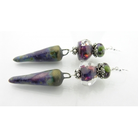 Artisan made purple and green sterling earrings with lampwork, ceramic spike