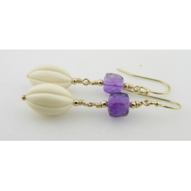 Now That's a Mammoth Earrings Handmade earrings with wooly mammoth ivory, purple amethyst gold fill ear wires