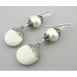 Artisan made white sterling earrings with pearls porcelain disks