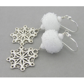 Snowballs and Snowflakes Earrings Artisan made white sterling earrings with snowball lampwork snowflake