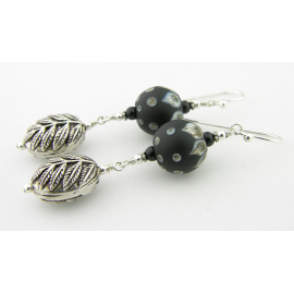 Artisan made sterling leaf earrings with black ivory lampwork, onyx