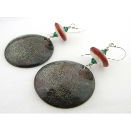 Artisan made red green white enamel on copper lampwork earrings in sterling