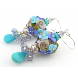 Handmade blue floral earrings with turquoise, lampwork, iolite, pearl, sterling