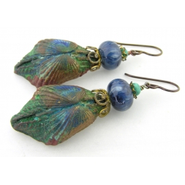 Artisan green blue gold earrings with artisan polymer, glass, turquoise, brass