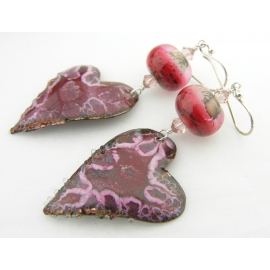 Red, pink, white crackle enamel on copper heart.