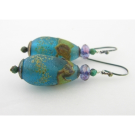 Artisan etched aqua earrings with artisan lampwork glass, chrysocolla, sterling