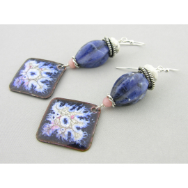 Fired Blues Enamel Earrings Artisan made blue white pink crackle enamel on copper sodalitearrings sterling