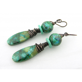 Artisan made teal earrings shattuckite turquoise dichroic glass copper