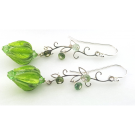 Handmade earrings with bright green roses, tourmaline, sterling silver vines