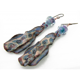 Artisan aqua blue purple earrings  enamel on fold formed copper lampwork glass
