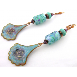 Artisan made organic enamel on copper Arizona turquoise purple earrings