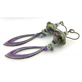Green, purple enamel on copper, lampwork, amethyst, jade earrings copper