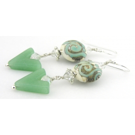 Handmade earrings light green white etched lampwork aventurine crystals sterling