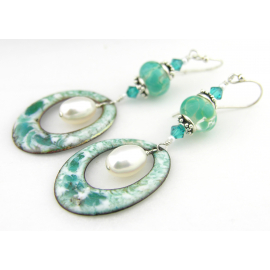 Beachy Hoops Earrings teal white aqua enamel on copper oval, lampwork pearls earrings