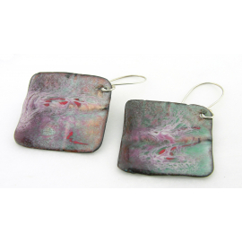 Artisan made teal red white purple enamel on copper earrings sterling silver