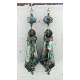 Artisan made teal black enamel on copper earrings sterling silver chrysocolla