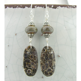 Hand made brown gray fossil turritella agate lampwork sterling earrings
