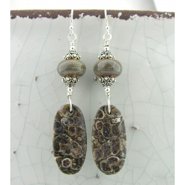 Ancient Snails Earrings Hand made brown gray fossil turritella agate lampwork sterling earrings
