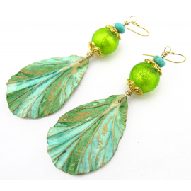 Artisan lime turquoise green earrings with polymer leaf venetian glass gold fill