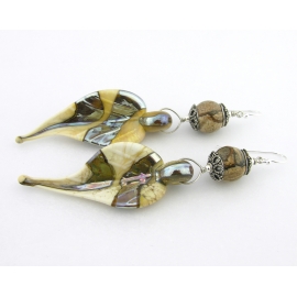 Artisan made cream lampwork leaf earrings crazy lace agate gemstone sterling