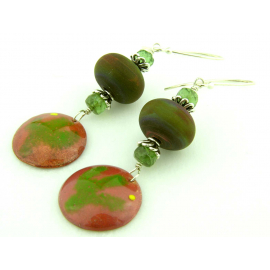 green cactus enamel on copper, boho earrings with lampwork tsavorite sterling