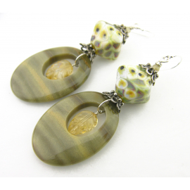Yellow gray earrings with lampwork, silver leaf jasper, citrine, sterling