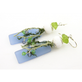blue white green lampwork peridot sea glass earrings