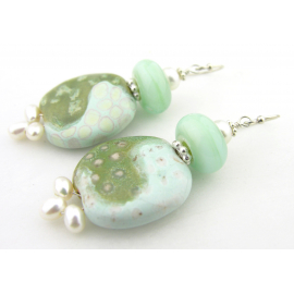 Artisan made light green white turquoise ceramic pearl earrings sterling