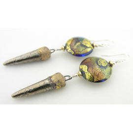 Night on the Town Earrings - handmade gold silver ceramic spike with Venetian glass artisan Night on the Town Earrings handmade gold silver ceramic spike Venetian glass