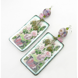 pink roses bouquet on ivory beige enamel on copper, lampwork, vintage earrings