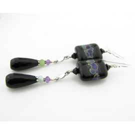 Artisan earrings in black, purple green black onyx amethyst burmese jade moon