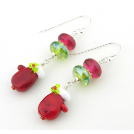 Mittens and Holly Earrings - white green red lampwork dangle winter sterling silver Christmas handmade artisan red, white, green lampwork mitten earrings sterling silver