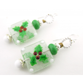 artisan red, white, green lampwork with holly leaves earrings sterling silver